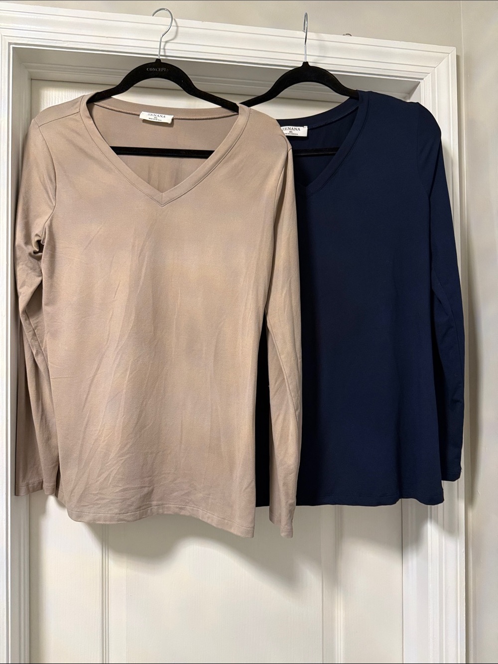 Zenana Long Sleeve V-Neck Tees - Tan and Navy